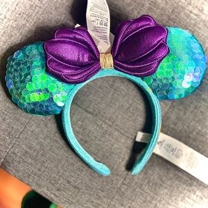 Disney Sequin Little Mermaid Ariel Mouse Ears w/ Iridescence Scales & Purple Bow